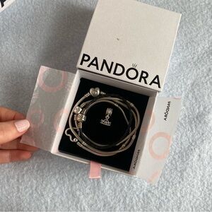 Pandora Bracelet Bundle – 3 Sterling Silver + Leather Bracelet + Crown Charm